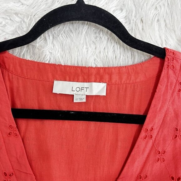 LOFT Coral Embroidered Eyelet Flutter Sleeve Tiered Ruffle Shift Dress Size 12 - Picture 9 of 13
